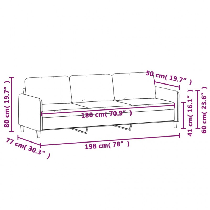 Sofa 3-osobowa, czarna, 180 cm, tapicerowana tkaniną