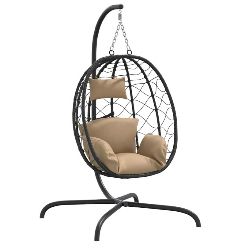 Wiszące krzesło kokon z poduszką, kolor taupe, rattan PE i stal