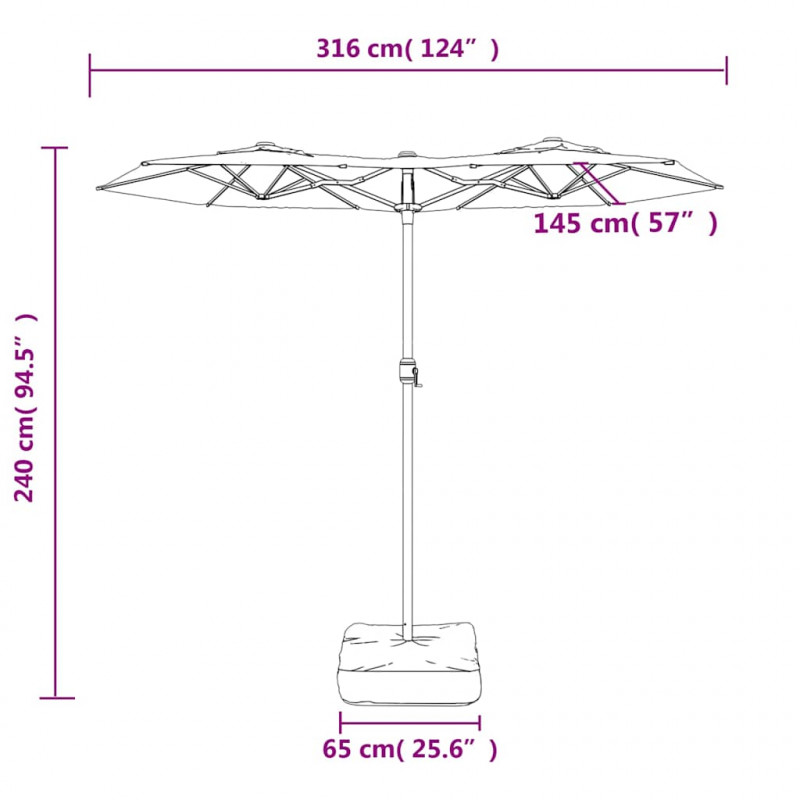 Podwójny parasol ogrodowy z LED, czarny, 316x240 cm