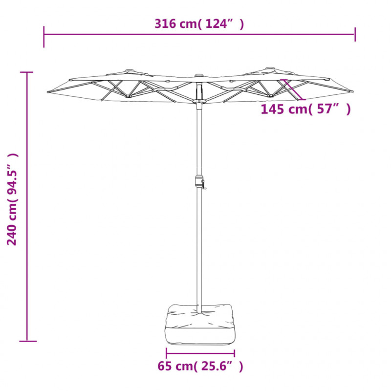 Podwójny parasol ogrodowy z LED, niebieski, 316x240 cm