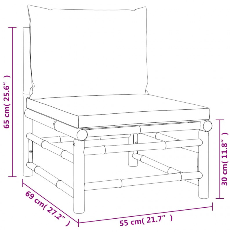 Środkowa sofa ogrodowa z jasnoszarymi poduszkami, bambusowa