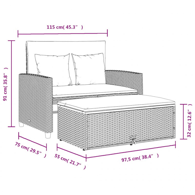 Sofa ogrodowa z poduszkami, 2-os., szara, rattan PE i akacja