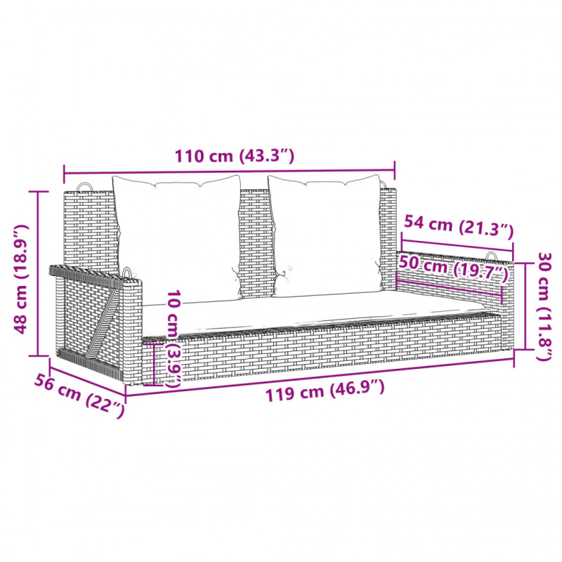 Ławka huśtawka z poduszkami Szara 119x56x48 cm Polirattan
