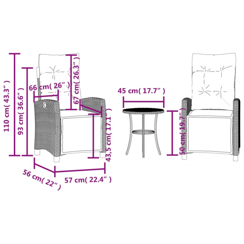 3-cz. zestaw mebli bistro z poduszkami, czarny, polirattan