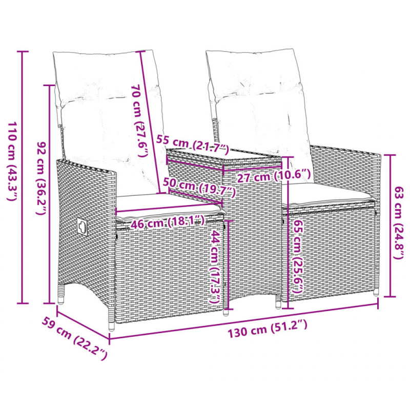 Rozkładana sofa ogrodowa ze stolikiem, 2-os., beż, rattan PE