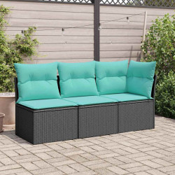 Sofa ogrodowa z poduszkami, 3-osobowa, czarna, polirattan