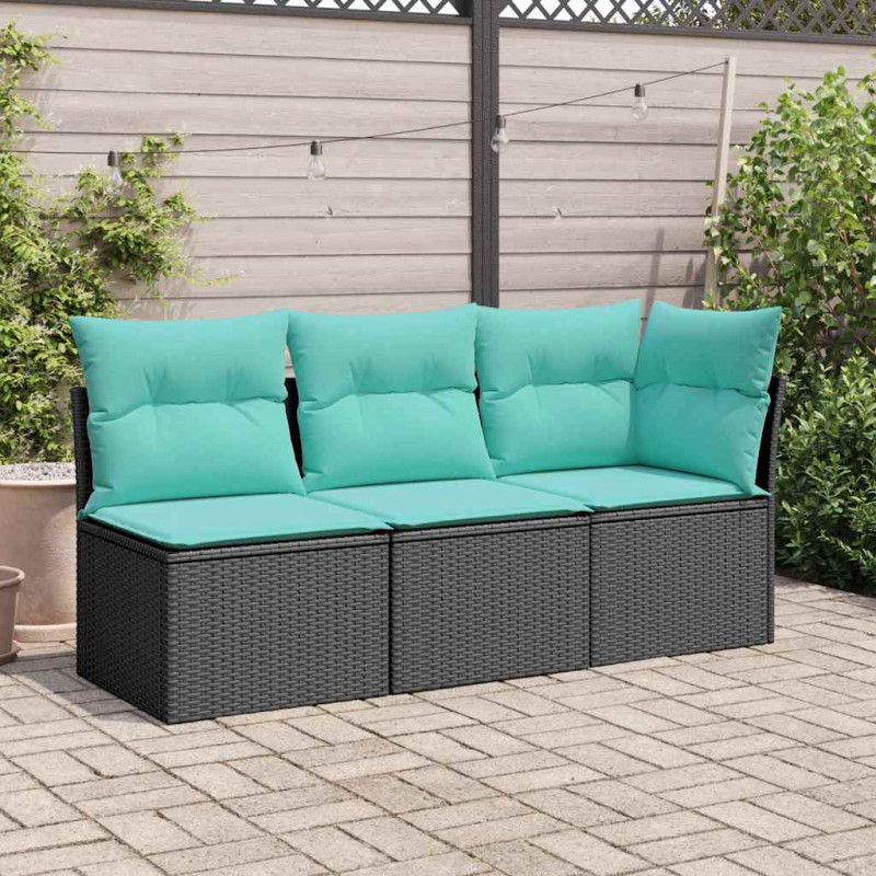 Sofa ogrodowa z poduszkami, 3-osobowa, czarna, polirattan