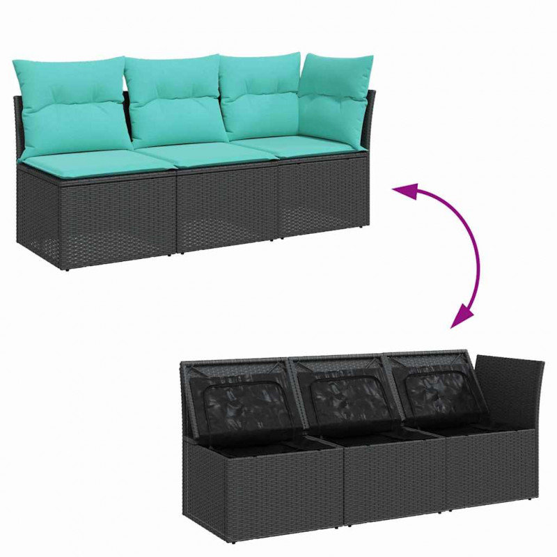 Sofa ogrodowa z poduszkami, 3-osobowa, czarna, polirattan