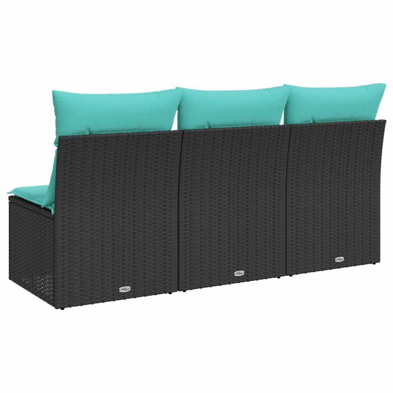 Sofa ogrodowa z poduszkami, 3-osobowa, czarna, polirattan