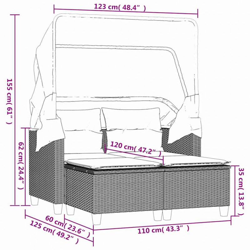 2-os. sofa ogrodowa z daszkiem i podnóżkami, szara, rattan PE