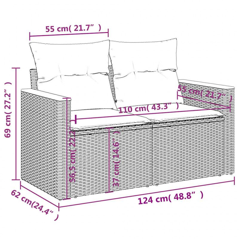 Sofa ogrodowa z poduszkami, 2-osobowa, beż, polirattan
