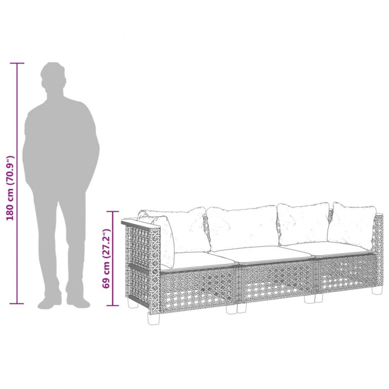 3-osobowa sofa ogrodowa z poduszkami, szara, polirattan