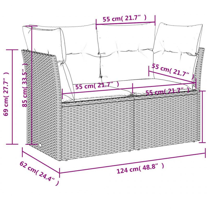 Sofa ogrodowa z poduszkami, 2-osobowa, czarna, polirattan
