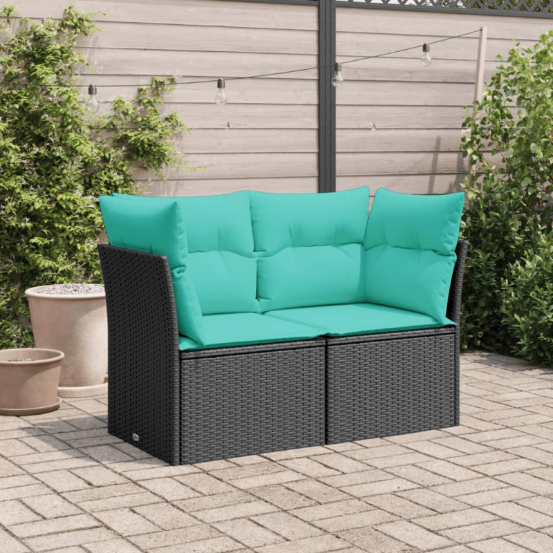 Sofa ogrodowa z poduszkami, 2-osobowa, czarna, polirattan