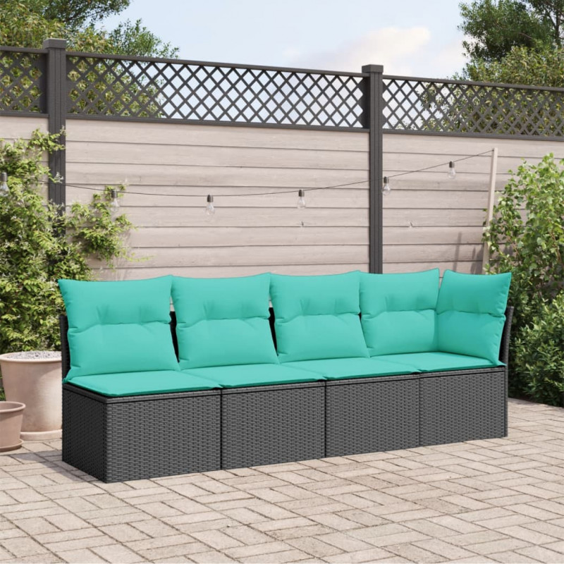 Sofa ogrodowa z poduszkami, 4-osobowa, czarna, polirattan