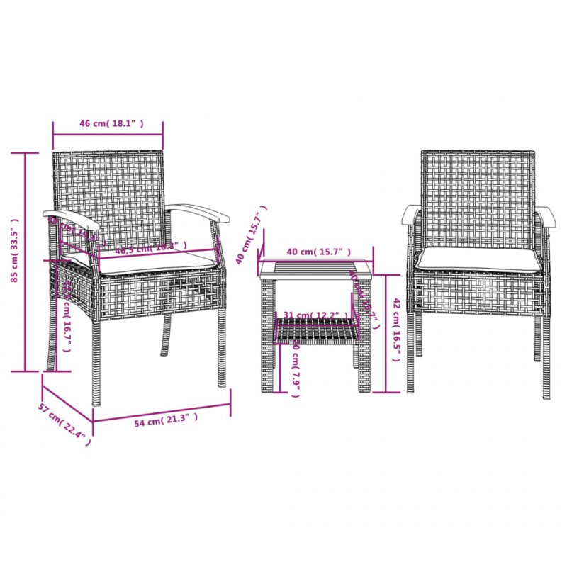 3-cz. zestaw mebli bistro, poduszki, czarny rattan PE i akacja