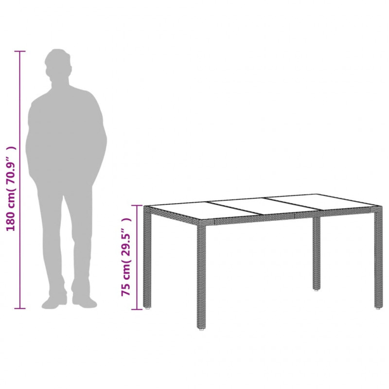 Stół ogrodowy ze szklanym blatem, szary 150x90x75 cm, rattan PE