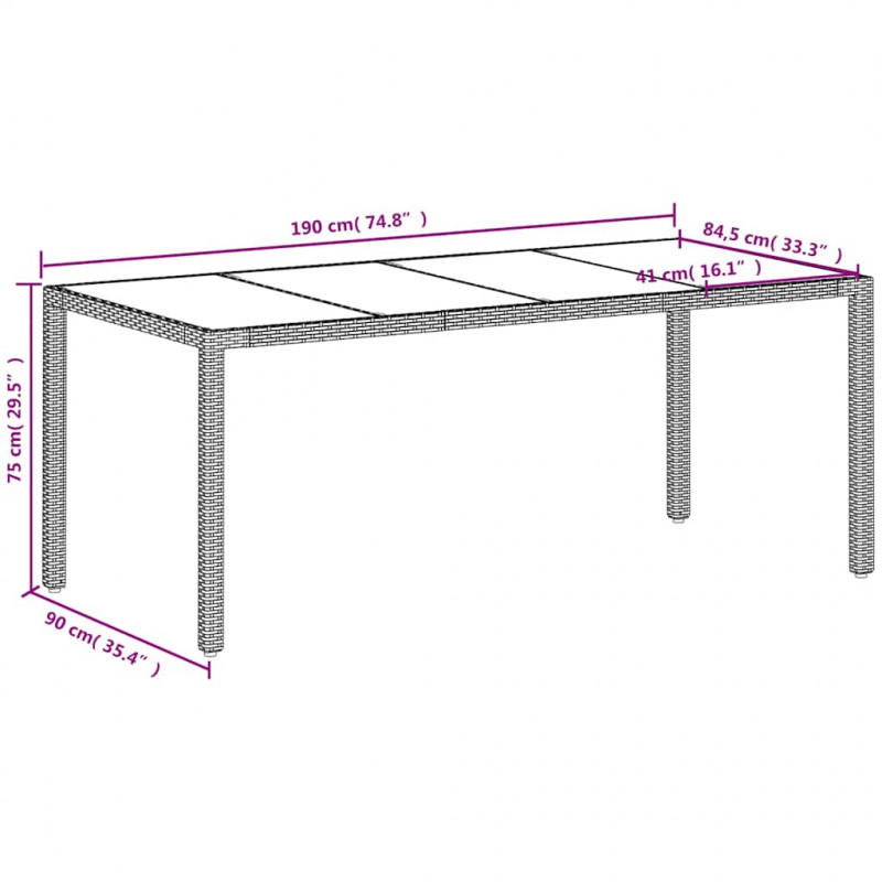 Stół ogrodowy ze szklanym blatem, biały 190x90x75 cm, rattan PE