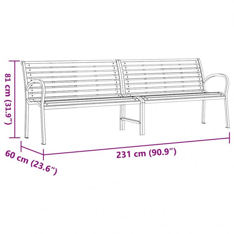 Ławka ogrodowa, brąz, 231 cm, drewno i malowana proszkowo stal