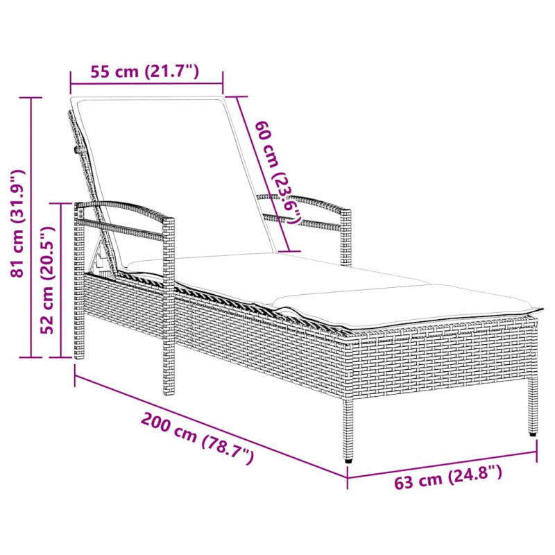 Leżak z poduszką Szary 63x200x81 cm Polirattan (tylko USA)