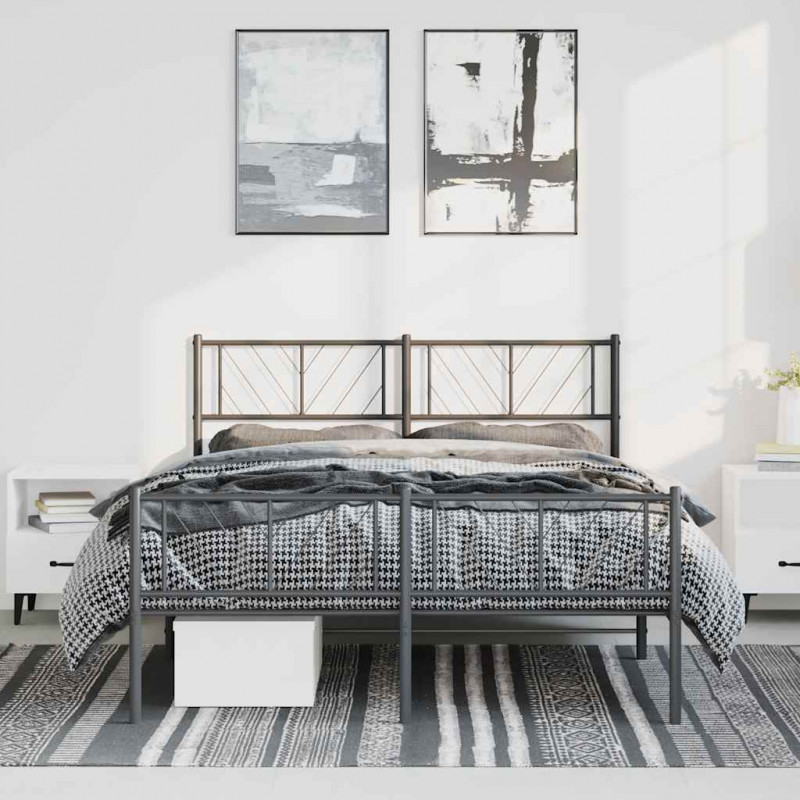 Metalowa rama łóżka z wezgłowiem i zanóżkiem, czarna, 150x200cm