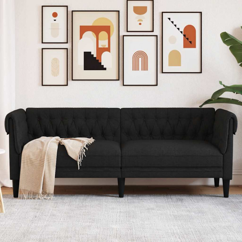 Sofa Chesterfield, trzyosobowa, czarna, obita tkaniną