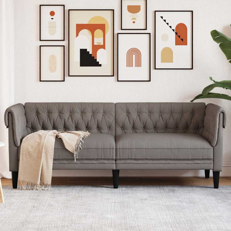 Sofa Chesterfield, trzyosobowa, kolor taupe, obita tkaniną