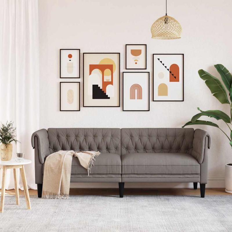 Sofa Chesterfield, trzyosobowa, kolor taupe, obita tkaniną