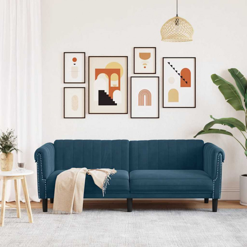 Sofa 3-osobowa, niebieska, tapicerowana aksamitem