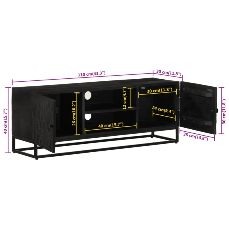 Szafka pod TV, czarna, 110x30x40 cm, lite drewno mango i żelazo