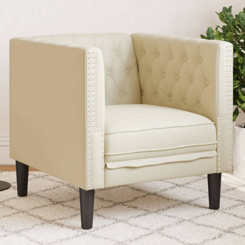 Fotel Chesterfield, kremowy, tapicerowany sztuczną skórą