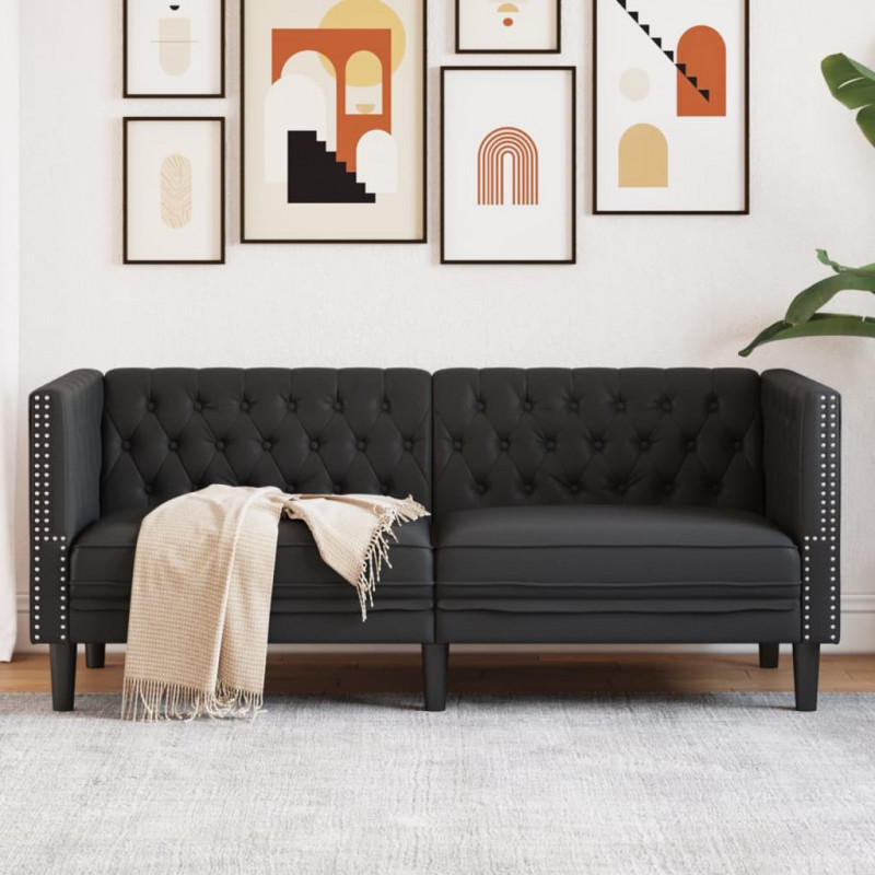 Sofa Chesterfield, 2-os., czarna, tapicerowana sztuczną skórą