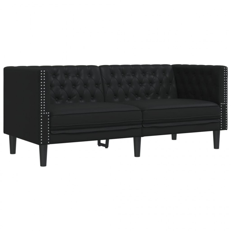 Sofa Chesterfield, 2-os., czarna, tapicerowana sztuczną skórą