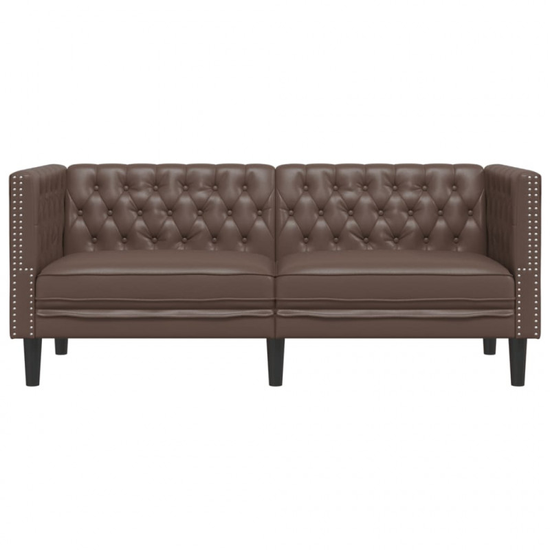 Sofa Chesterfield, 2-os., brązowa, tapicerowana sztuczną skórą
