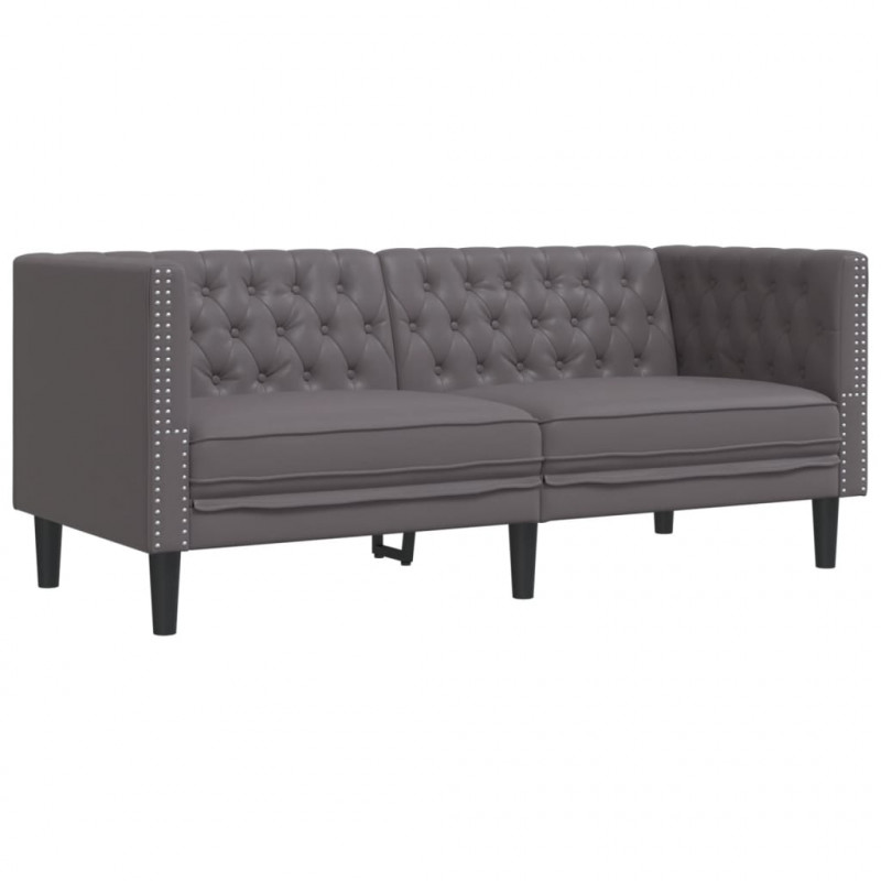 Sofa Chesterfield, 2-os., szara, tapicerowana sztuczną skórą