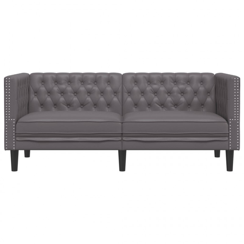 Sofa Chesterfield, 2-os., szara, tapicerowana sztuczną skórą