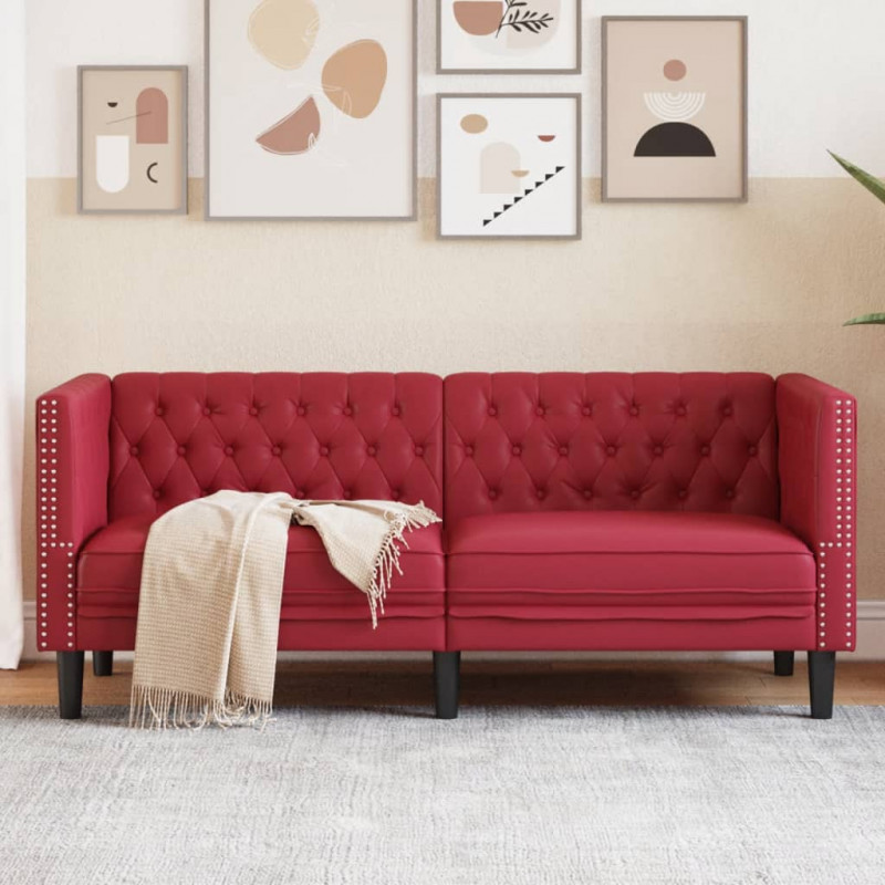 Sofa Chesterfield, 2-os., bordowa, tapicerowana sztuczną skórą