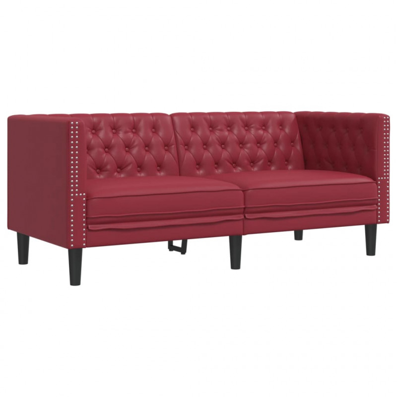 Sofa Chesterfield, 2-os., bordowa, tapicerowana sztuczną skórą