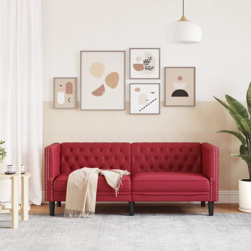 Sofa Chesterfield, 2-os., bordowa, tapicerowana sztuczną skórą