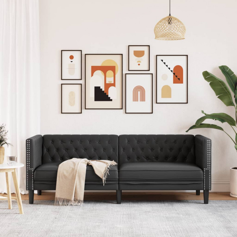 Sofa Chesterfield, 3-os., czarna, tapicerowana sztuczną skórą