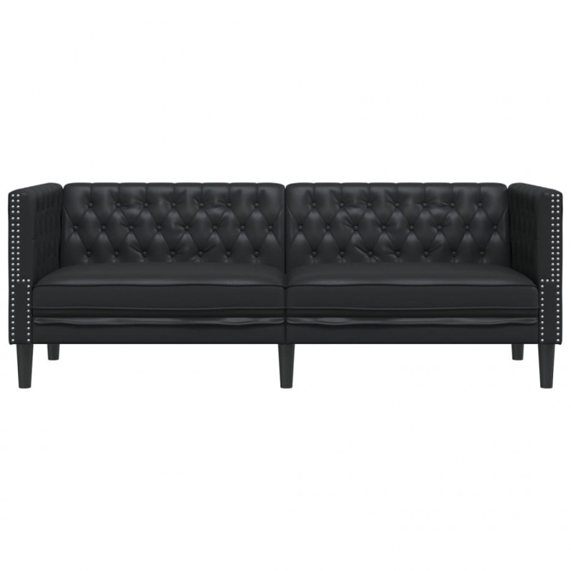 Sofa Chesterfield, 3-os., czarna, tapicerowana sztuczną skórą