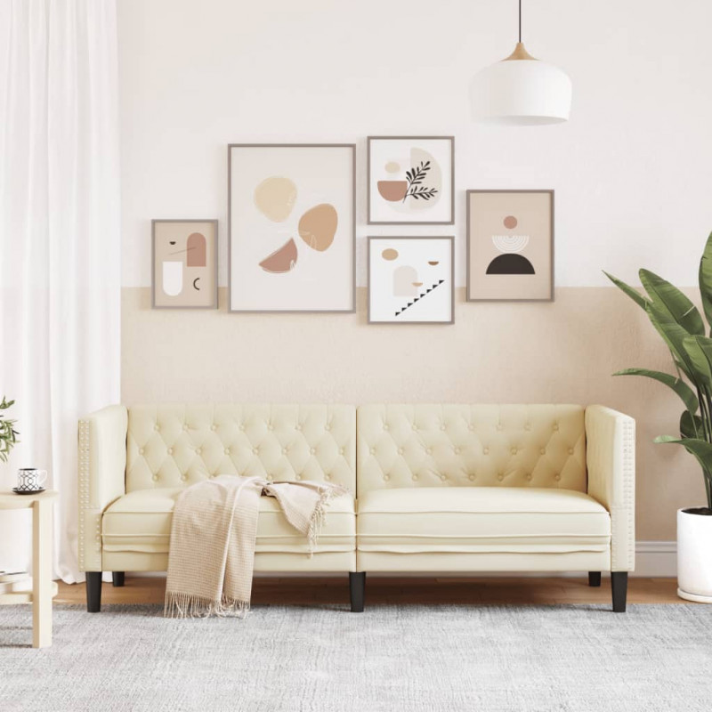 Sofa Chesterfield, trzyosobowa, kremowa, sztuczna skóra