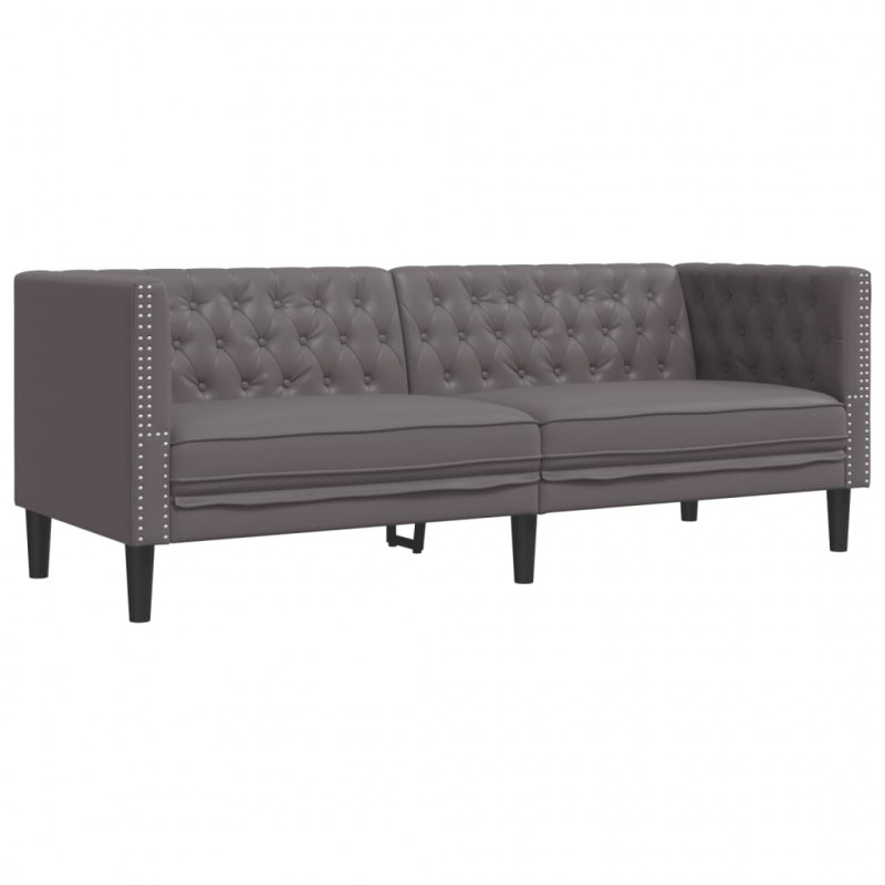 Sofa Chesterfield, 3-os., szara, tapicerowana sztuczną skórą