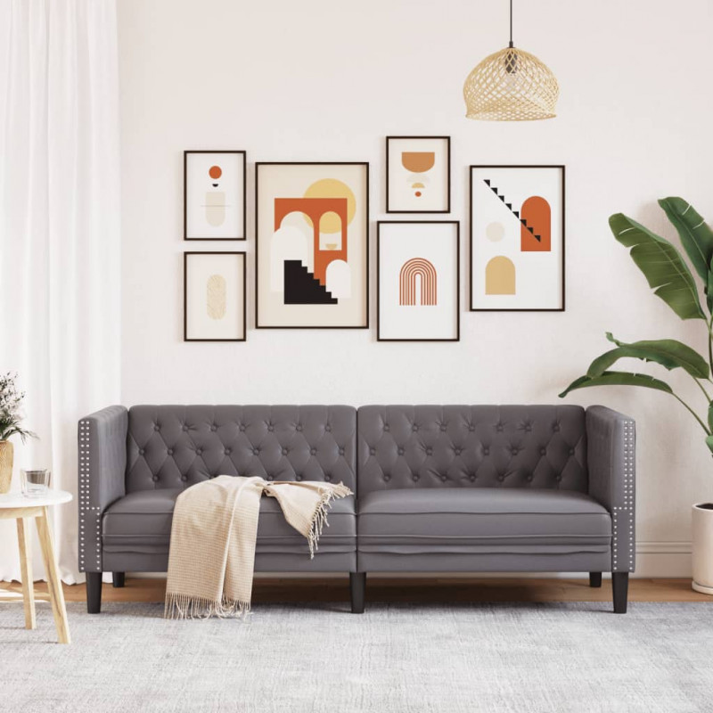 Sofa Chesterfield, 3-os., szara, tapicerowana sztuczną skórą