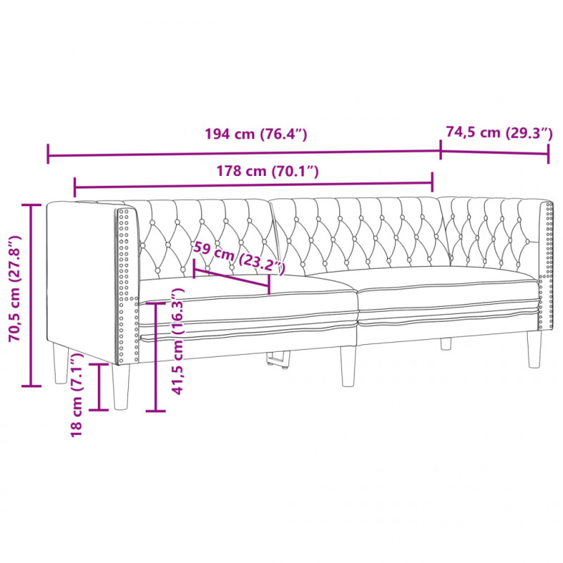 Sofa Chesterfield, 3-os., szara, tapicerowana sztuczną skórą