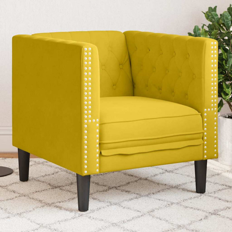 Fotel Chesterfield, żółty, tapicerowany aksamitem