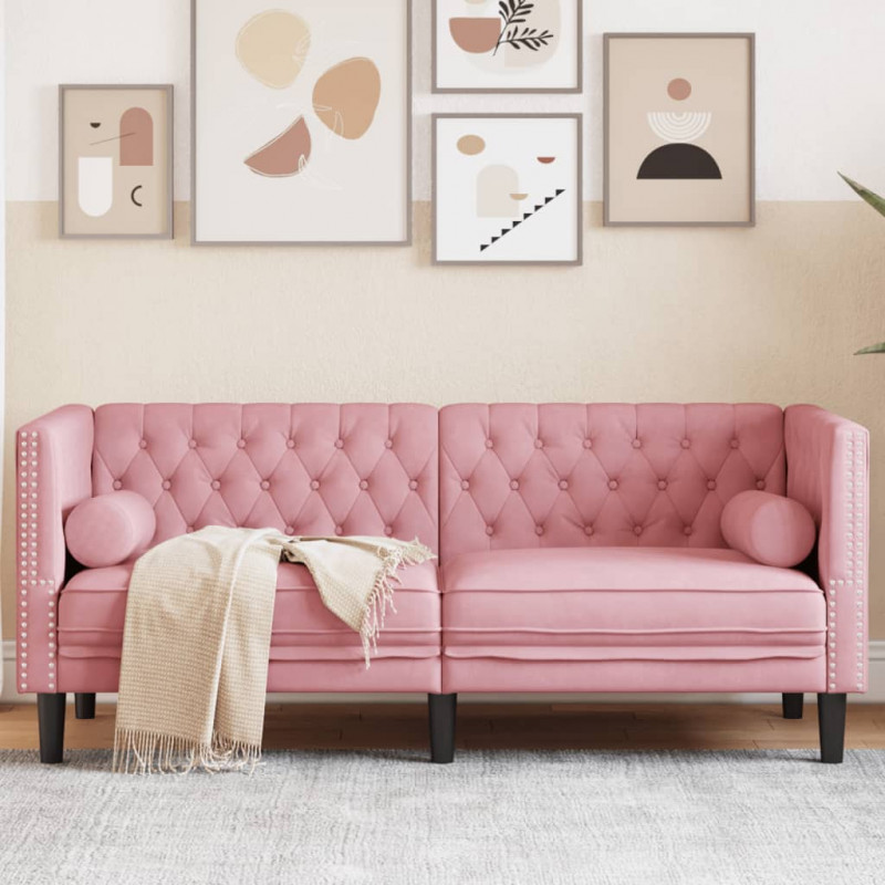 Sofa Chesterfield z wałkami, dwuosobowa, różowa, aksamit