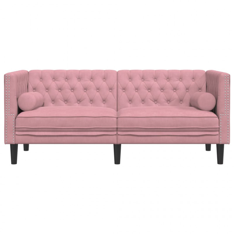 Sofa Chesterfield z wałkami, dwuosobowa, różowa, aksamit