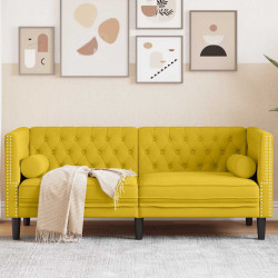 Sofa Chesterfield z wałkami, dwuosobowa, żółta, aksamit