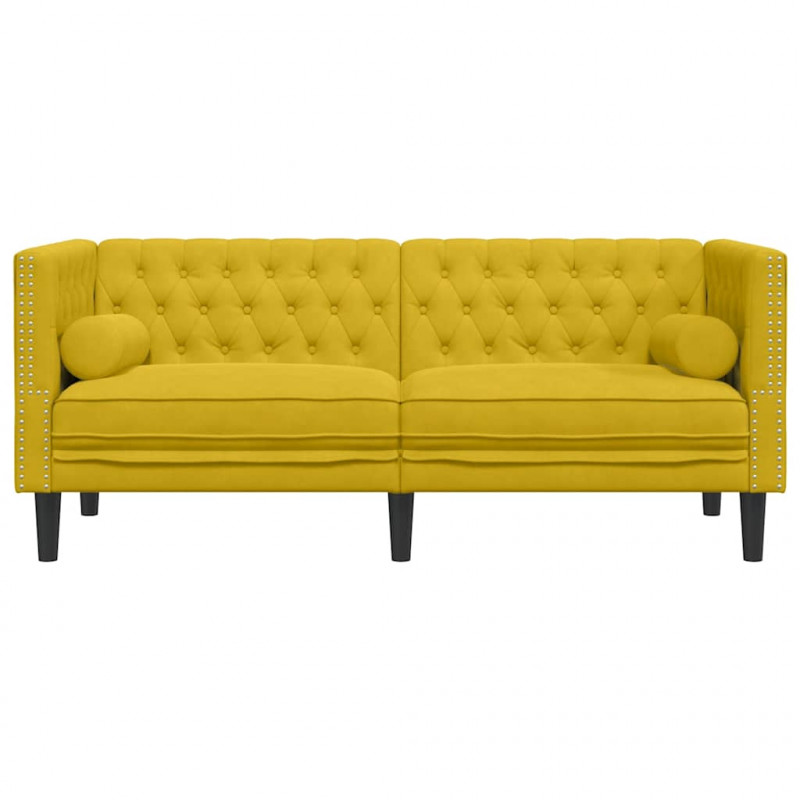 Sofa Chesterfield z wałkami, dwuosobowa, żółta, aksamit
